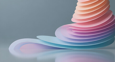 A vibrant stack of colorful discs sits on a reflective surface against a plain background.