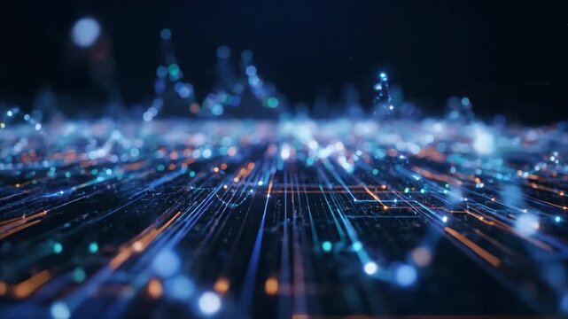 Abstract digital network with blue and orange lights flowing across a dark background.