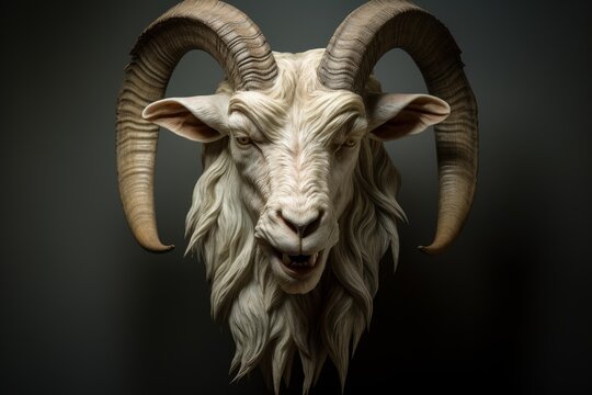 Mythological goat ram head sculpture with prominent horns, symbolizing dark fantasy and power - Powered by Adobe