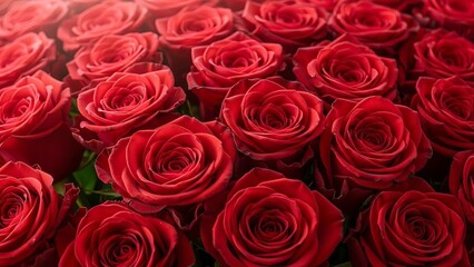 Obraz premium A lush bouquet of deep red roses fills the frame with vibrant color and romantic symbolism.