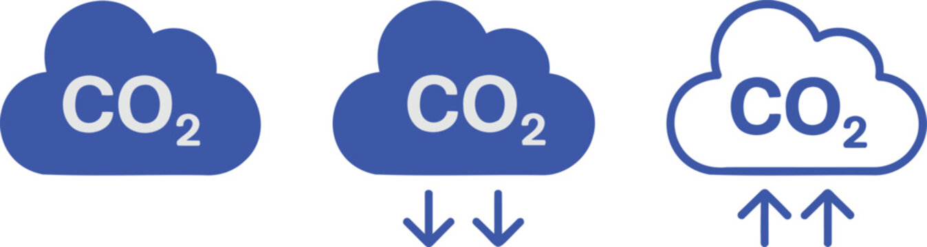 Three blue cloud with C O2 text and arrows carbon dioxide