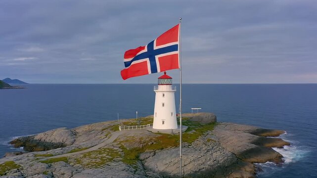Majestic Norwegian flag waves strongly next to the iconic Alnes lighthouse overlooking the Atlantic ocean.