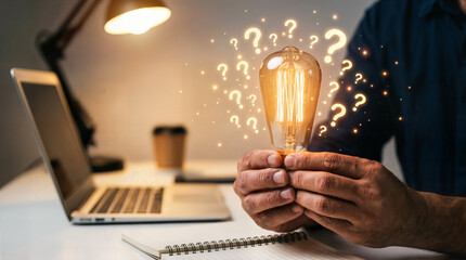 Businessmen holding light bulbs with question mark icon for FAQ. Question mark concept. Problem and solution. Quiz, test, survey, support, knowledge, decision.