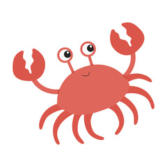 Cute Cartoon Crab. Smiling Sea Animal Character. Funny Ocean Crustacean. Flat Vector Illustration.