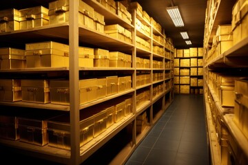Archival storage room with numerous golden boxes organized on shelves, representing wealth and security