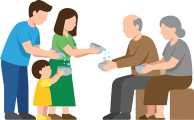 Fototapeta premium Thai family pouring water on hands of elderly grandparents for songkran festival celebration rod nam dum hua ceremony design element icon symbol isolated object for culture respect.