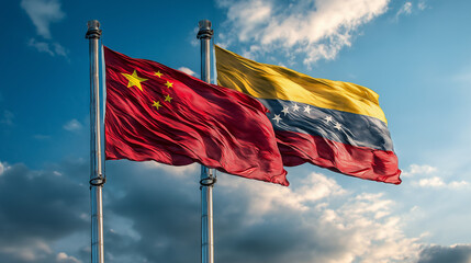 Diplomatic relations between venezuela and china flags flying outdoor setting bright sky national unity concept