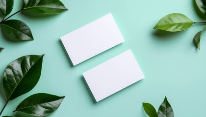 Minimalist Business Card Mockup with Green Leaves on Pastel Background.
