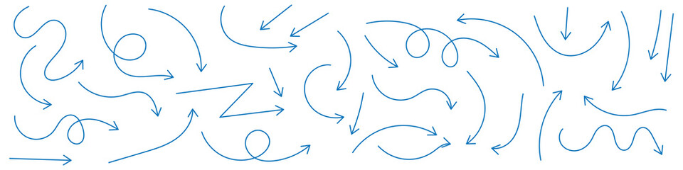 Black hand drawn arrows set vector. Doodle sketch curved and swirly arrows for infographic, presentation, and highlight design.