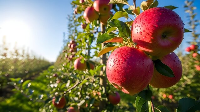 A Deliciously Crisp and Vibrant Journey Through the Apple Orchard at Harvest Time, Featuring Red and Green Fruits on Sunny Branches
