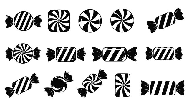 Assorted black and white striped candy shapes in a decorative arrangement silhouette