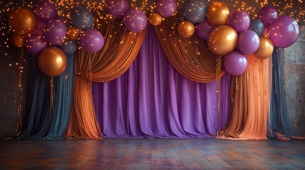 Elegant carnival stage scene with decorative drapes, balloons, and open space for custom event design