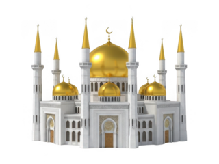 Majestic mosque with golden domes isolated on transparent background