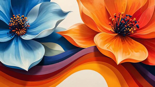 Vibrant floral arrangement featuring blue and orange blossoms with flowing, colorful ribbons.