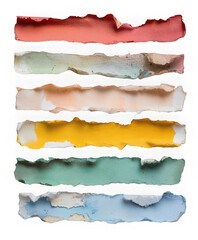 Fototapeta premium Torn watercolor paper strips with rough edges in red, green, beige, yellow, teal, and blue shades isolated on transparency background, artistic and textured design element