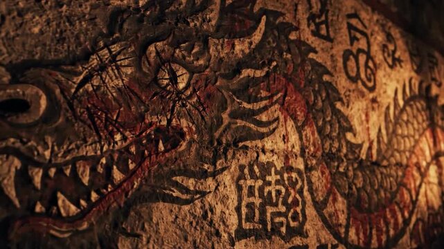 Close-up of dragon painting on stone wall with lantern