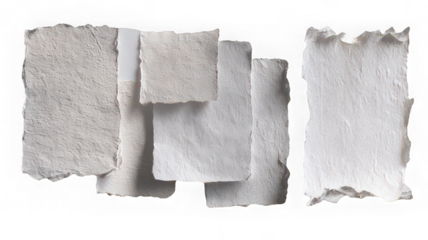 Watercolor paper with torn edges, textured surface, and natural white color, arranged in strips and sheets, isolated on clean background for creative design use