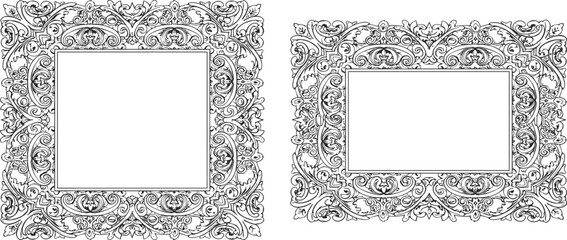 Vintage ornate picture frames, floral scrollwork, symmetrical design, square and landscape format, decorative motifs, classical style, empty art holders © MdMahmudul