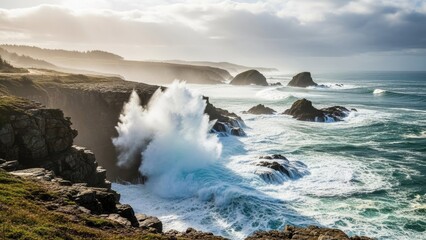 Fototapeta premium Rugged Coastline with Waves Crashing on Rocks.