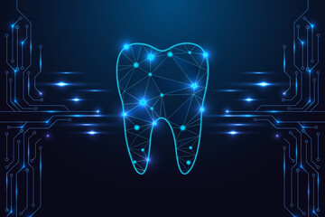 National dentists day glowing digital teeth on circuit board. Oral neon blue wireframe. futuristic, tech, healthcare and dental week holiday concept background.