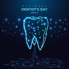 National dentists day glowing digital teeth on circuit board. Oral neon blue wireframe. futuristic, tech, healthcare and dental week holiday concept background.