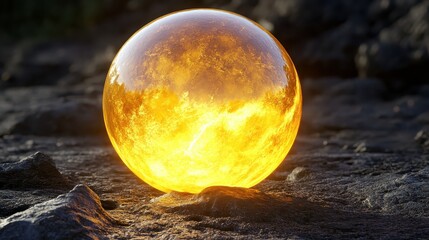 A bright molten gold sphere with a flowing liquid texture rests on a textured rocky surface radiating warm light