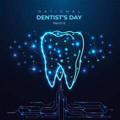 National dentists day glowing digital teeth on circuit board. Oral neon blue wireframe. futuristic, tech, healthcare and dental week holiday concept background.