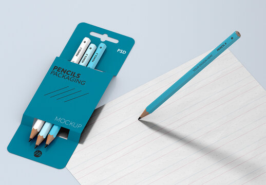 Pencils Packaging Mockup with Stationery Scene