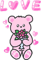 Fototapeta premium Cute Pink Bear with Flower Bouquet, Hand Drawn Valentine Character