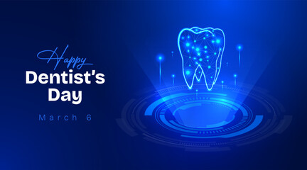 National dentists day glowing digital teeth on futuristic blue background.
