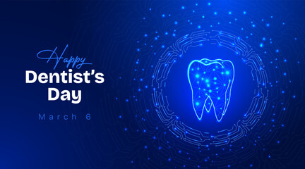 National dentists day glowing digital teeth on futuristic, round circuit blue background.