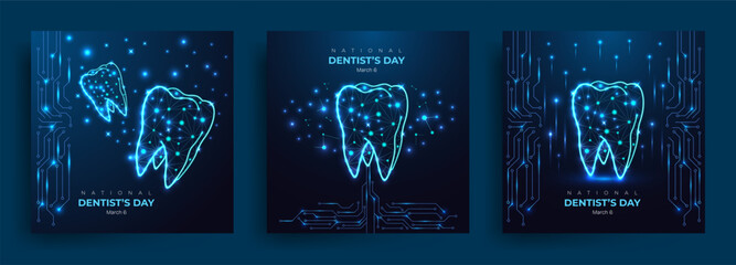 National dentists day glowing digital teeth social media post set on futuristic, circuit blue background