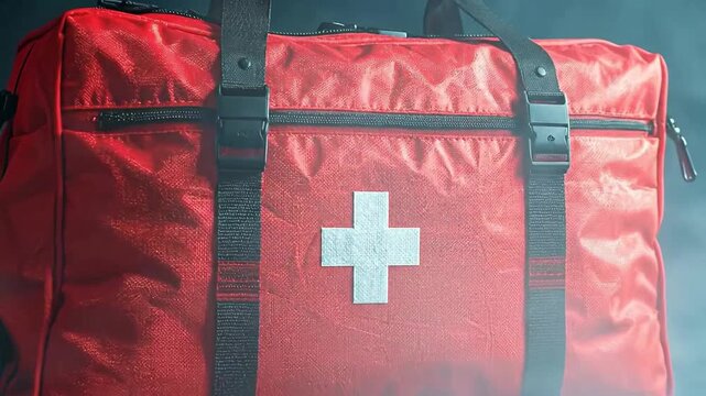 Red first aid kit bag with white cross symbol for emergency situations.