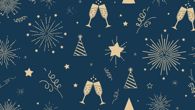 Seamless pattern with golden New Year's Eve celebration motifs on a dark blue background, featuring fireworks, champagne, and party hats.