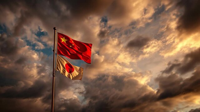 Dramatic flags of china and japan against stormy skies outdoor photography dynamic atmosphere capture of cultural identity