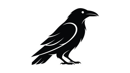 Obraz premium Solid black crow silhouette in a standing pose against a plain white background for minimalist bird design concepts.