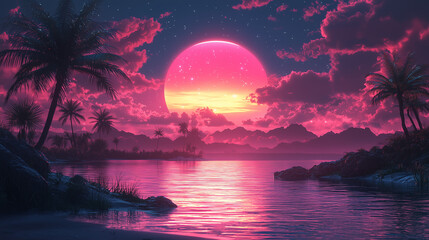 Retro vaporwave graphic design scene with neon colors, grid patterns, and nostalgic digital aesthetics