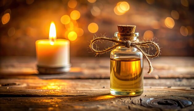 Small Antique Glass Vial with Amber Liquid and Candle