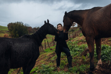 Young Woman with Horse in Autumn Nature