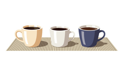 Obraz premium Set of three different colored coffee mugs filled with dark coffee sitting on a striped textured table mat for breakfast.