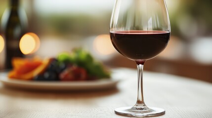 A glass of red wine beside a colorful plate of fresh fruits and greens.