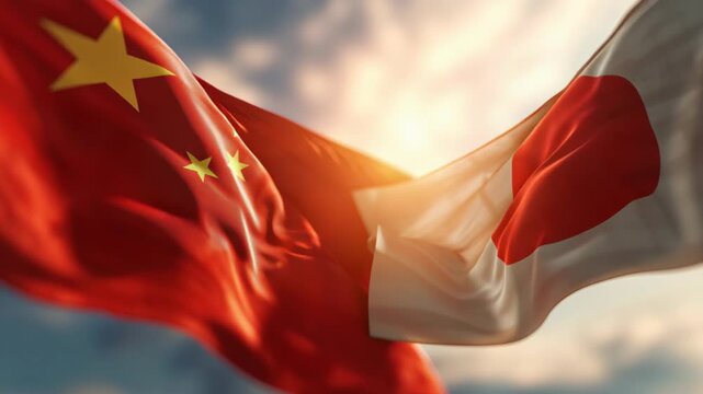 Cultural exchange celebration china and japan flags intertwined outdoor setting dynamic atmosphere symbol of unity