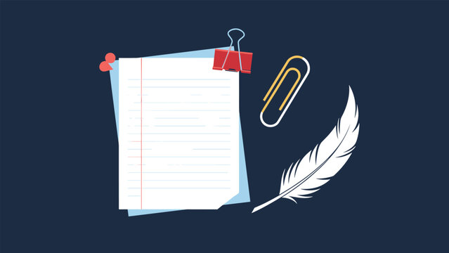 Lined paper with office supplies and a white quill feather suggests traditional writing, document organization, and creative blogging.