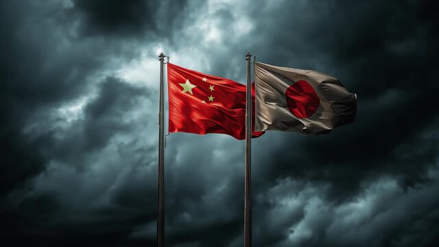 Cultural exchange event china and japan flags outdoor setting dramatic sky atmosphere symbolizing unity