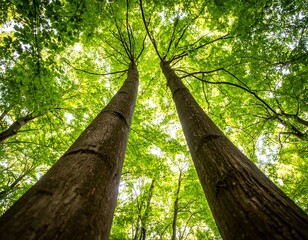 Fototapeta premium A perspective from the forest floor looking up towards two tall, mature tree trunks. Sunlight filters through the canopy