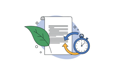 Paper document with a green leaf and a stopwatch symbol represents environmental reporting and time-sensitive green policies.