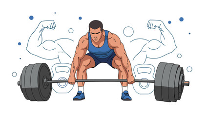 Powerful male athlete performing a heavy deadlift with a barbell and weights in a fitness training session illustration.