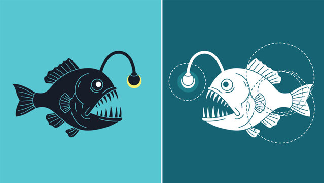 Side view of an anglerfish silhouette comparison with its geometric grid construction on a split turquoise background.