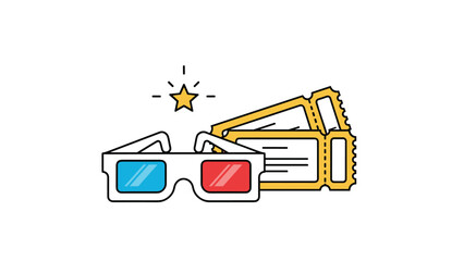 Cinema and movie theater icons showing a pair of 3D glasses and two admission tickets with a shining star element.