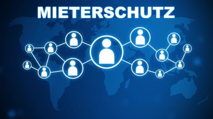 Animated mieterschutz concept on blue background with world map and social icons. Social network connections, Connected people nodes, and global communication concept. 4K Video - Powered by Adobe